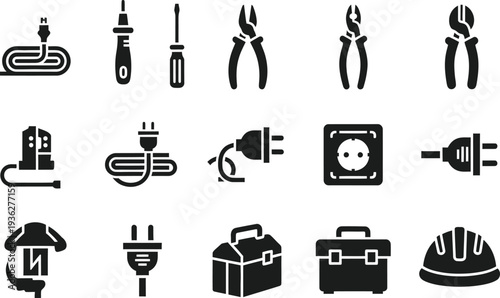 Assortment of Black Silhouettes Related to Electricity and Tools electrical cord