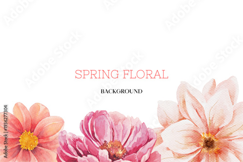Spring floral in watercolor vector background. Luxury wallpaper design with pink flowers, line art, golden texture.

