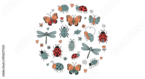 Diverse collection of colorful insects like butterflies, ladybugs, and dragonflies arranged in a circular composition.