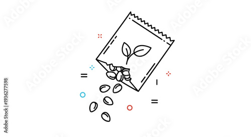Simple line art illustration of a seed packet with leaves on it and several seeds falling out on a white background.
