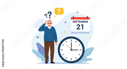 Elderly man looking confused and scratching his head with a large clock, calendar, and question marks in the background.
