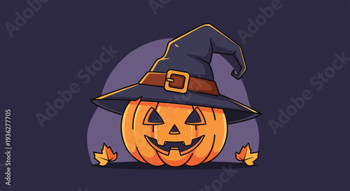 Carved Halloween jack-o-lantern wearing a large purple witch hat with a buckle among fallen colorful autumn leaves.
