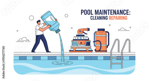 Professional worker pouring water treatment chemicals from a large bottle into a swimming pool with cleaning equipment.