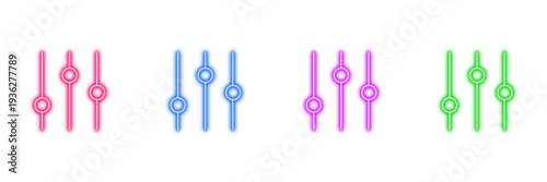 Neon glowing adjusters vector icons set, settings, controls, equalizer, sound mixer, vibrant digital design illustration on transparent background.