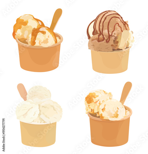 Set of tasty vector hand drawn caramel and vanilla ice cream balls in paper cup topped chocolate syrup. Cartoon sweet cold summer dessert icon illustration isolated on white background. 