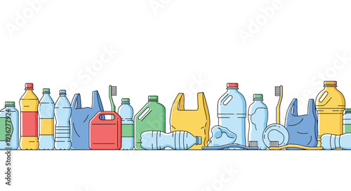Horizontal border illustration showing various types of plastic waste including bottles, bags, and toothbrushes.