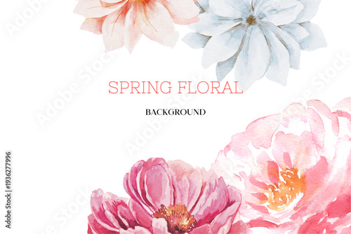 Spring floral in watercolor vector background. Luxury wallpaper design with pink flowers, line art, golden texture.
