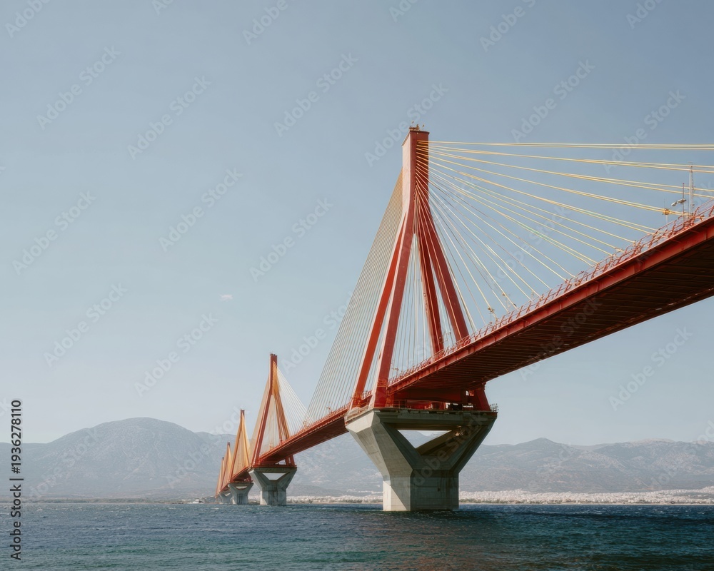 Obraz premium Long suspension bridge over sea with red and gold towers, providing modern transportation infrastructure connectivity across a gulf for logistics and travel branding