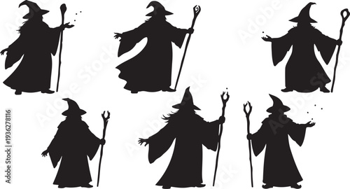 Black silhouette collection of five wizard fantasy poses on a white background, minimal outline