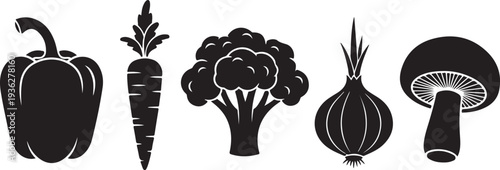 Black silhouette collection of five vegetable shapes on a white background, minimal outline