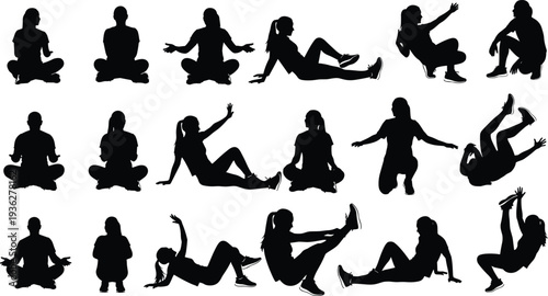 Yoga meditation silhouettes of human body poses, seated, kneeling, reclining, stretching, fitness exercise, mindfulness, wellness, relaxation, vector illustration
