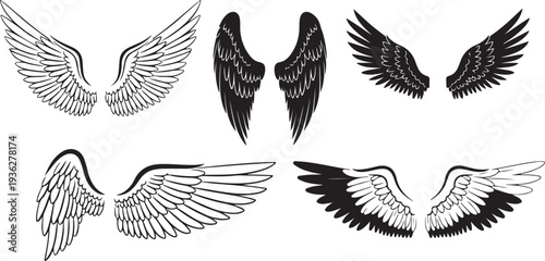 Black silhouette set of four angel wing designs on a white background, minimal outline.