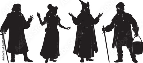 Black silhouette set of four fairy tale character poses on a white background, minimal outline.