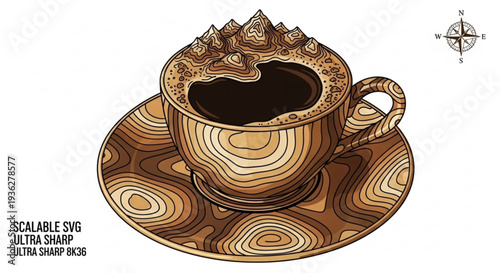 Wooden coffee cup and saucer with mountain design empty and scalable svg illustration for graphic resources
