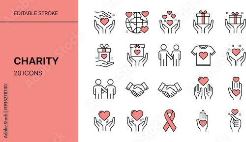 Charity and Donation Line Icons Set with Helping Hands Heart Gift Ribbon and Community Support Editable Vector Collection
