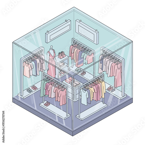 Isometric illustration of a clothing store with garments on display.