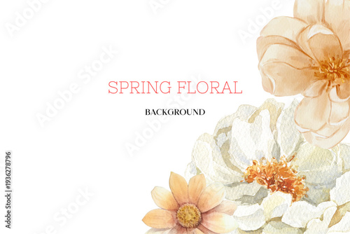 Spring floral in watercolor vector background. Luxury wallpaper design with pink flowers, line art, golden texture.
