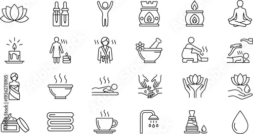 Spa and Wellness Line Icons Set with Massage Meditation Aromatherapy Sauna and Relaxation Therapy Editable Vector Collection