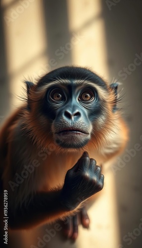 A single primate's thoughtful gaze from above, bathed in gentle, diffused light,  ambient,  wildlife