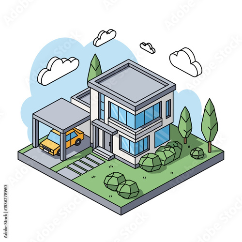 Modern two-story house with a carport and landscaped garden.