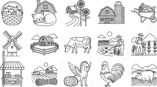 Farm Life Icon Set with Barn Animals Crops Windmill and Agriculture Elements Line Art Vector Collection for Rural Farming Design