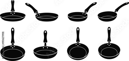 Frying Pan Icon Set Cooking Skillet Collection Kitchen Cookware Silhouette Vector Illustration for Culinary Equipment Design and Food Preparation