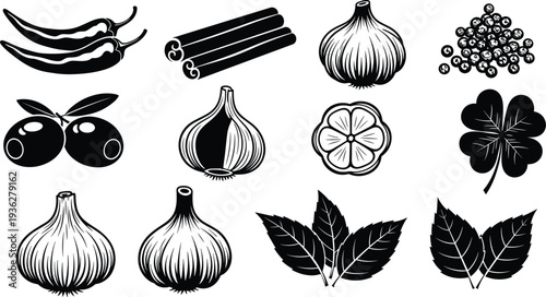 Spices and Herbs Icon Set Garlic Chili Pepper Cinnamon Lemon Olive Leaves Seasoning Food Silhouette Vector Collection