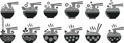 Ramen Noodle Bowl Icon Set Asian Food Soup Collection with Chopsticks Silhouette Vector Illustration for Restaurant Menu Design