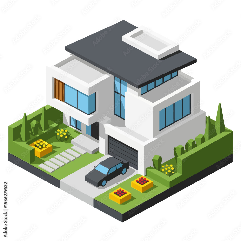 Fototapeta premium Modern two-story house with garage and landscaped garden.