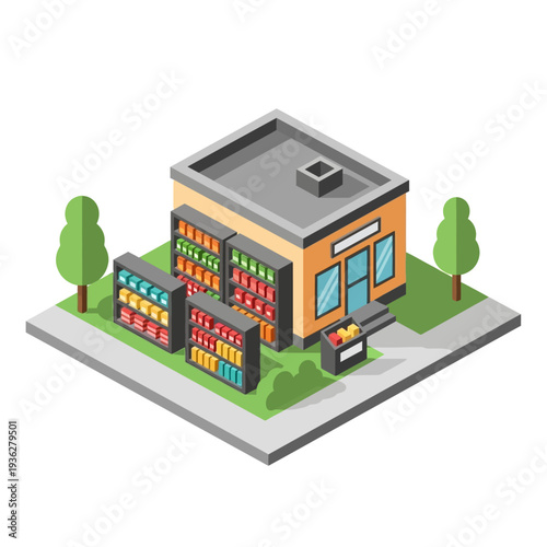 Isometric illustration of a convenience store with colorful products on display.