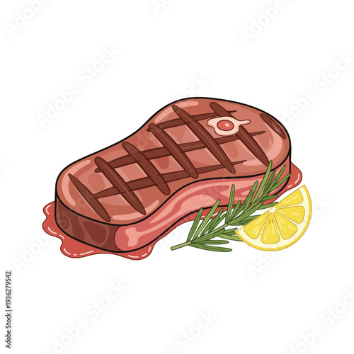 Delicious Juicy Steak with Fresh Lemon and Herbs on a White Background