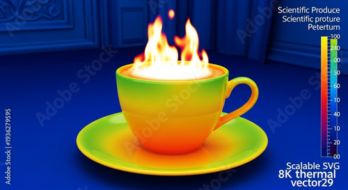 Heatmap of a burning coffee cup on a saucer with thermal gradient