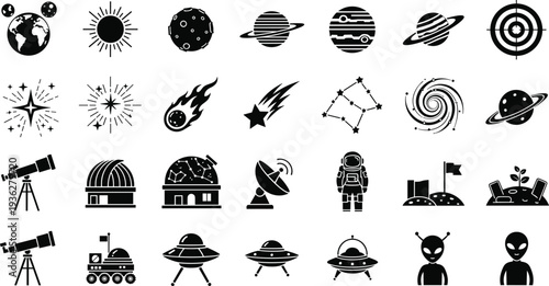 PrintAstronomy and space exploration black silhouette icon set with planets telescope astronaut galaxy observatory rover alien satellite universe science symbols isolated