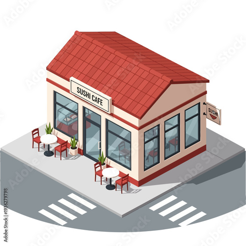 Isometric illustration of a sushi cafe with outdoor seating on a street corner.