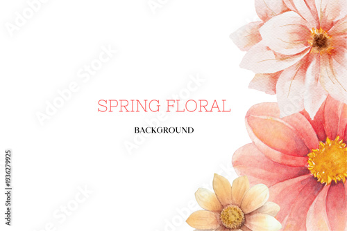 Spring floral in watercolor vector background. Luxury wallpaper design with pink flowers, line art, golden texture.
