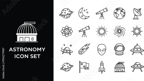 Astronomy and space exploration icon set with planet moon telescope galaxy sun meteor alien rocket observatory UFO science symbols isolated