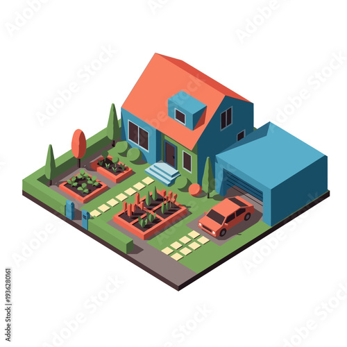 Isometric illustration of a blue house with orange roof and garden.