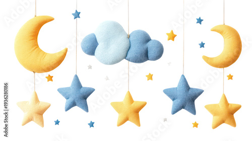 A whimsical mobile of hanging stars, moons, and clouds on transparent background