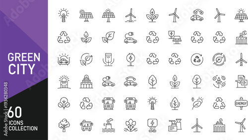 Green City Line Icons Set with Renewable Energy Recycling Electric Transport and Sustainable Urban Environment Editable Vector Collection