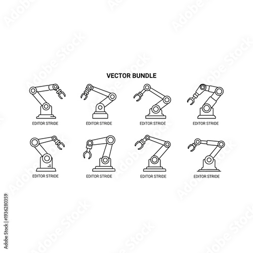 Eight different robotic arms are shown in various positions