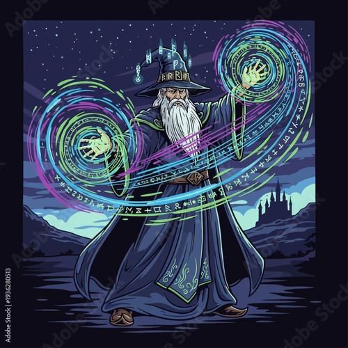 Mystical wizard casting magical spell in fantasy landscape.