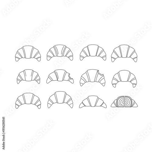 A series of croissant drawings in various orientations and styles