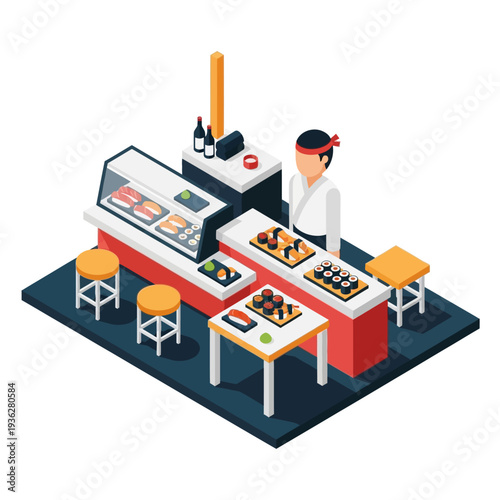 Isometric illustration of a jewelry store with a sales associate and display cases.