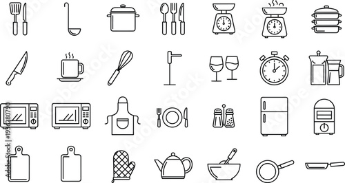 Kitchen Cooking Line Icons Set with Utensils Pot Knife Scale Refrigerator and Food Preparation Equipment Editable Vector Collection