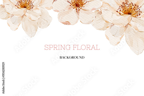 Spring floral in watercolor vector background. Luxury wallpaper design with pink flowers, line art, golden texture.
