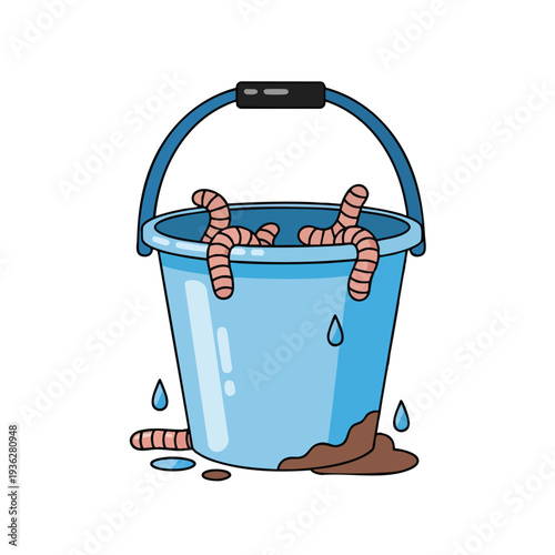 Cartoon style Bucket Filled with Worms and Soil Illustration for Children s Educational Materials