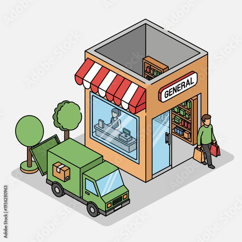 Delivery truck parked outside a general store with a customer.