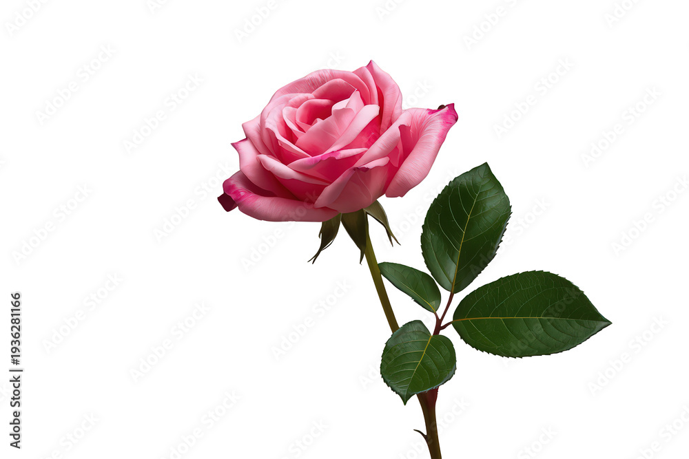 Obraz premium Pink rose blooming on stem showcasing beauty, love, and passion with green leaves, isolated on transparent background