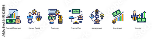 Capital Investment web banner vector illustration featuring Financial Statement, Human Capital, Fixed Asset, Financial Plan, Management, Investment, and Investor.