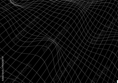 Wave wracked surface. Moving energetic grid structure of fine lines. Simple black and white dynamic background